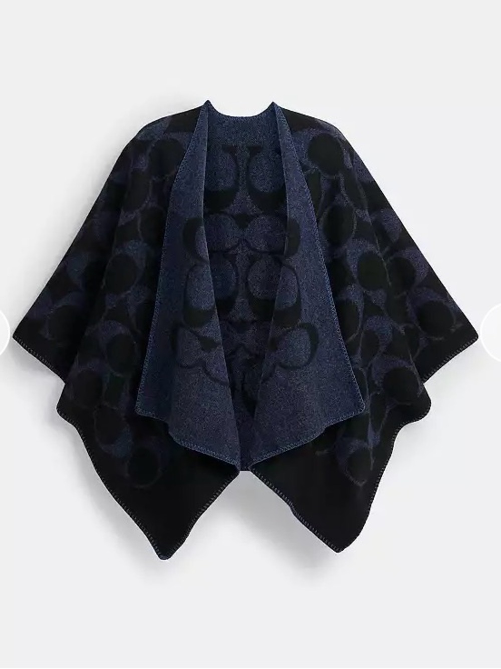 Coach Navy and Black Logo Jacquard Draped Poncho Wool Blend